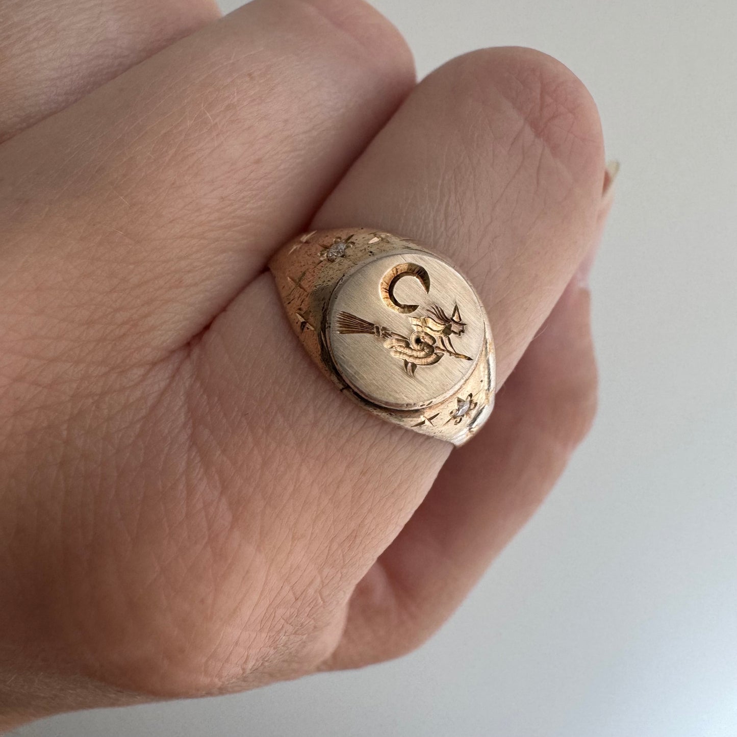 reimagined V I N T A G E // the best witch / 10k yellow gold and diamond witch signet ring / size 7 to 7.5