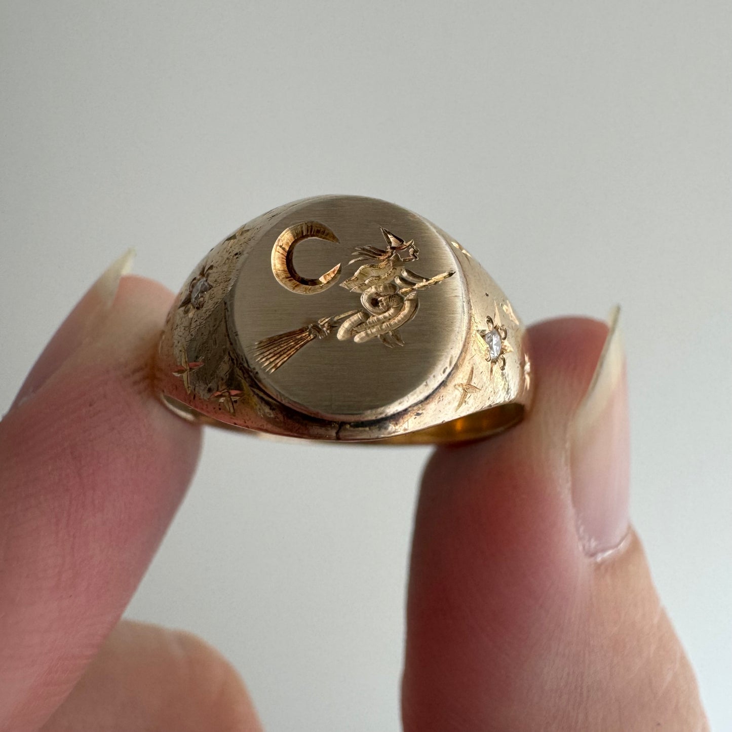 reimagined V I N T A G E // the best witch / 10k yellow gold and diamond witch signet ring / size 7 to 7.5