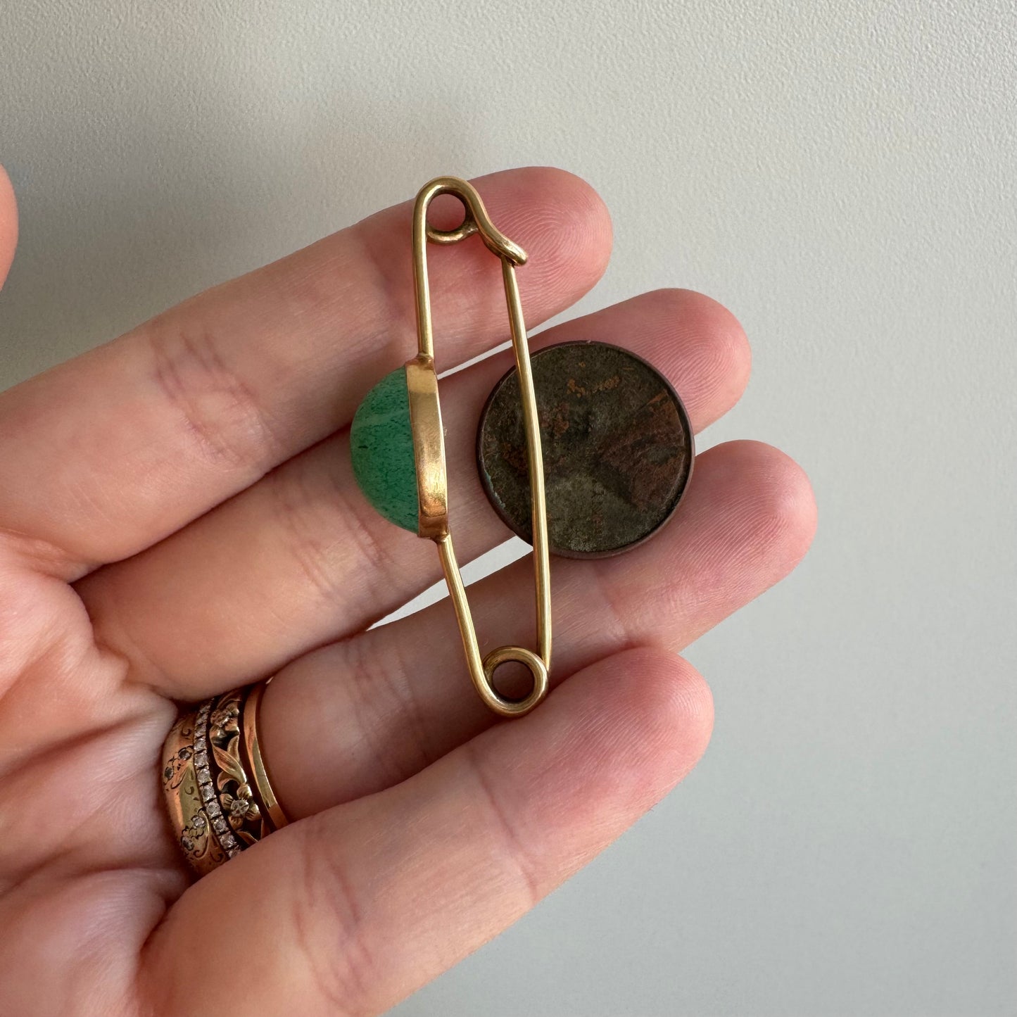 A N T I Q U E // making connections / 14k yellow gold and aventurine safety pin / charm holder or sweater pin or chain extender or clasp or ...