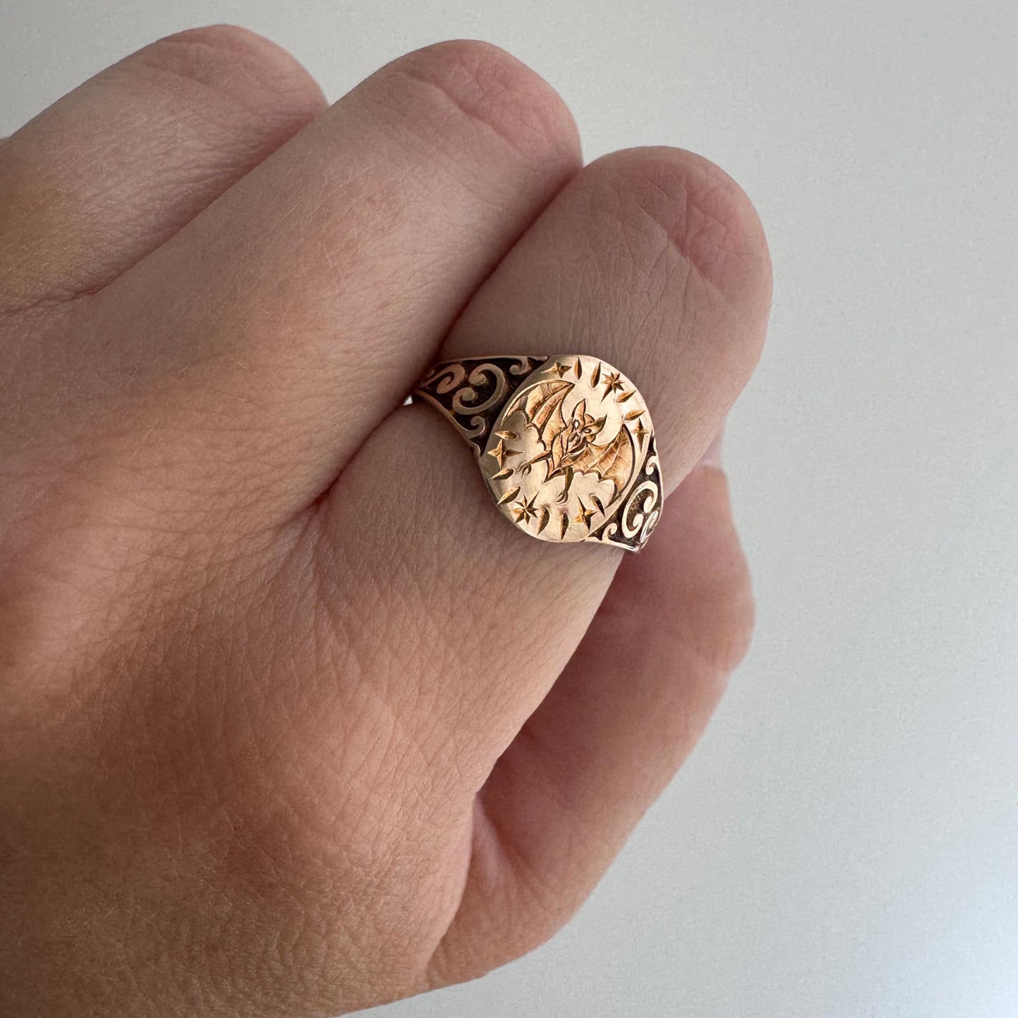 reimagined A N T I Q U E // intuitive guide / 10k rosy yellow signet with a newly engraved bat / size 5.75