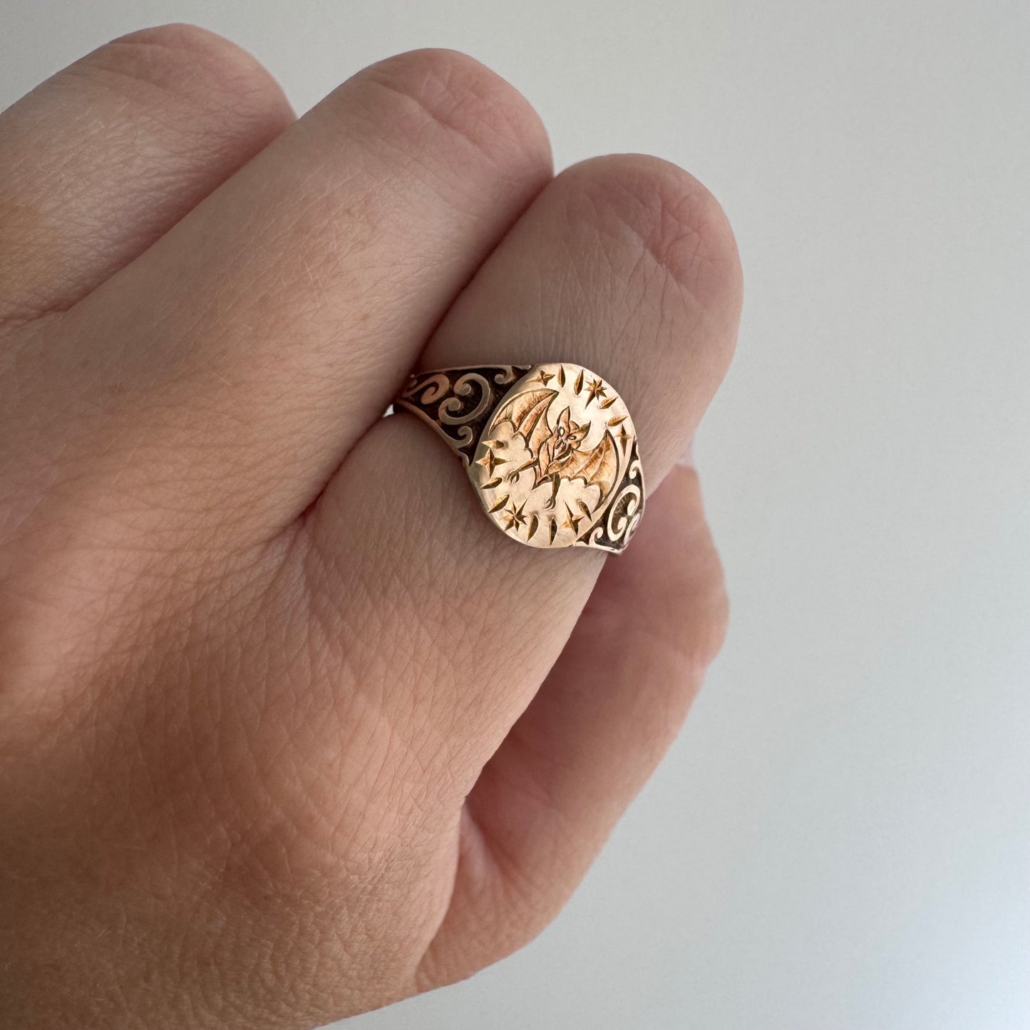 reimagined A N T I Q U E // intuitive guide / 10k rosy yellow signet with a newly engraved bat / size 5.75