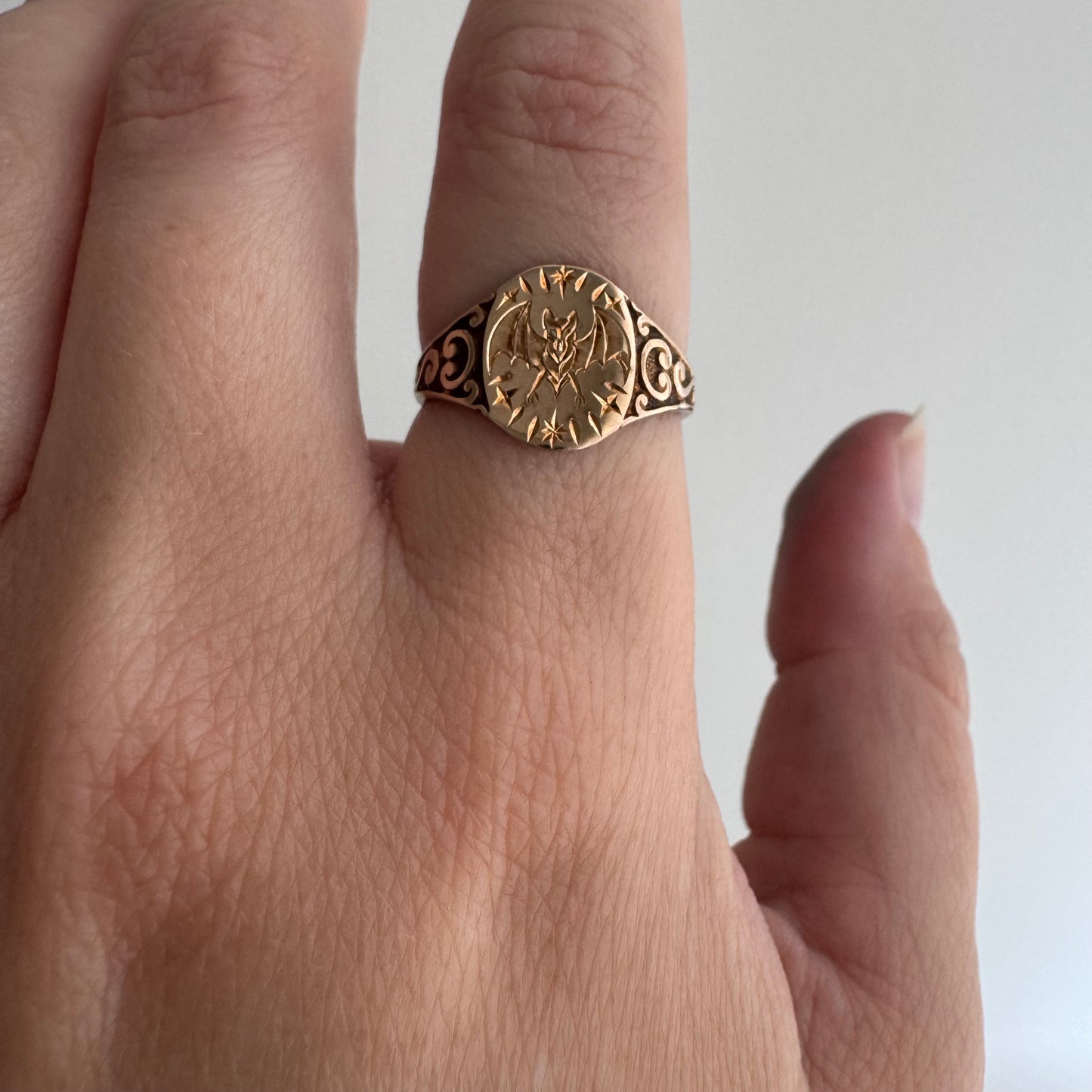 reimagined A N T I Q U E // intuitive guide / 10k rosy yellow signet with a newly engraved bat / size 5.75