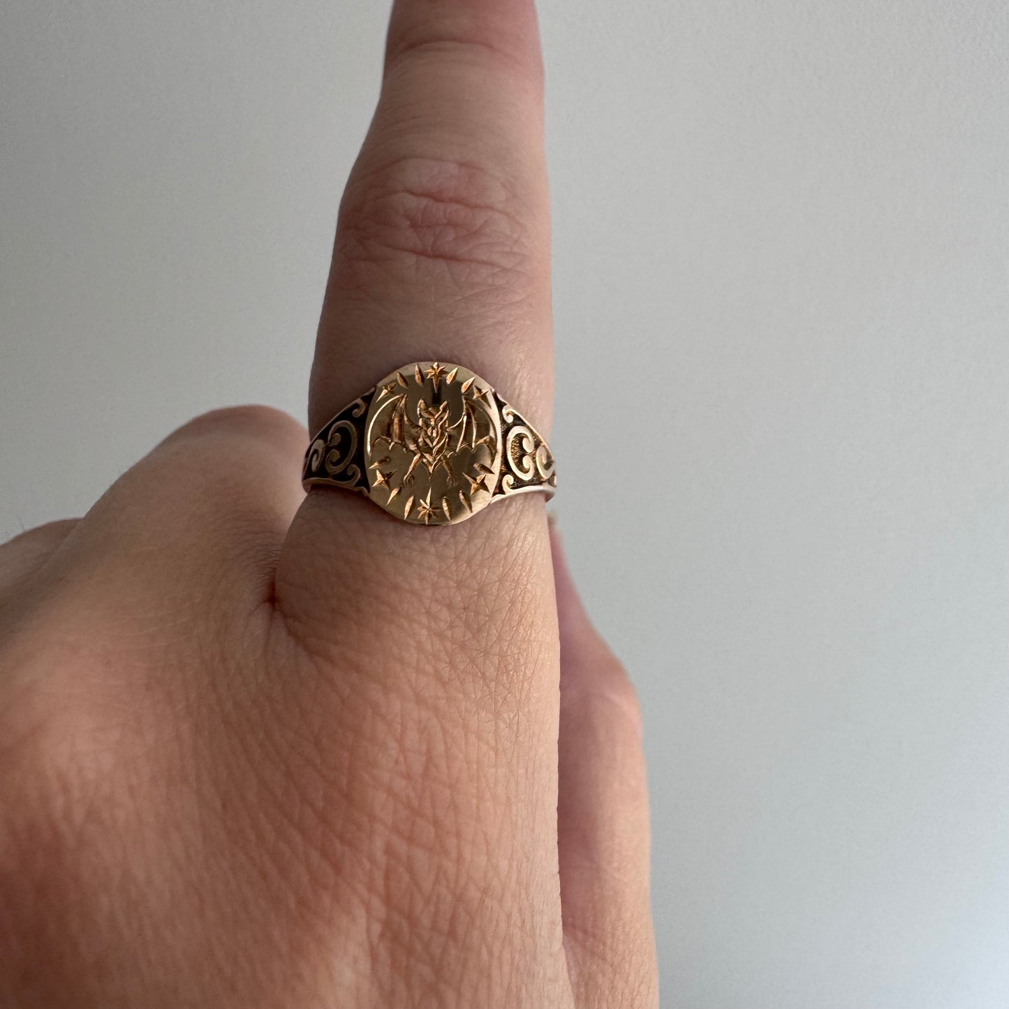 reimagined A N T I Q U E // intuitive guide / 10k rosy yellow signet with a newly engraved bat / size 5.75