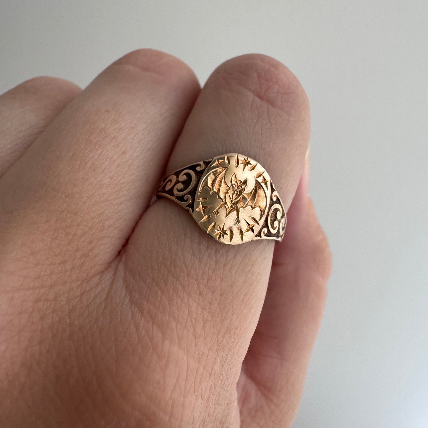 reimagined A N T I Q U E // intuitive guide / 10k rosy yellow signet with a newly engraved bat / size 5.75