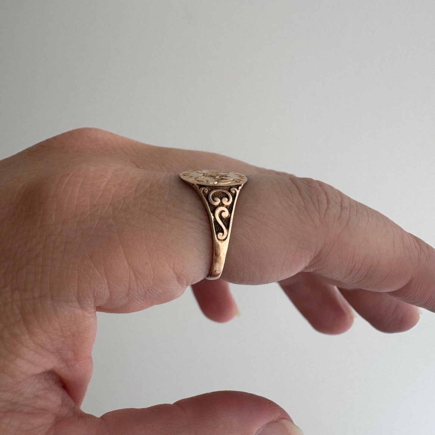 reimagined A N T I Q U E // intuitive guide / 10k rosy yellow signet with a newly engraved bat / size 5.75