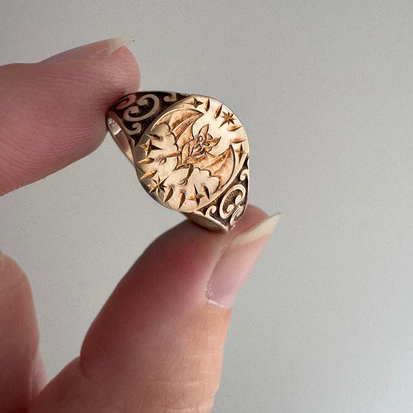 reimagined A N T I Q U E // intuitive guide / 10k rosy yellow signet with a newly engraved bat / size 5.75