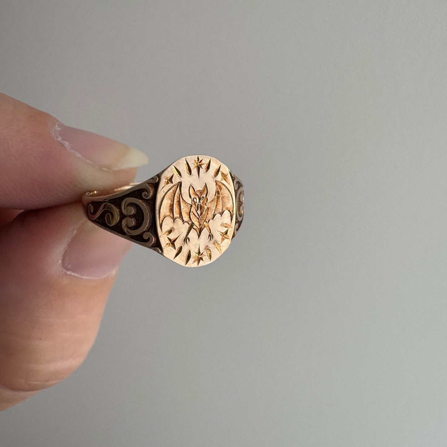 reimagined A N T I Q U E // intuitive guide / 10k rosy yellow signet with a newly engraved bat / size 5.75