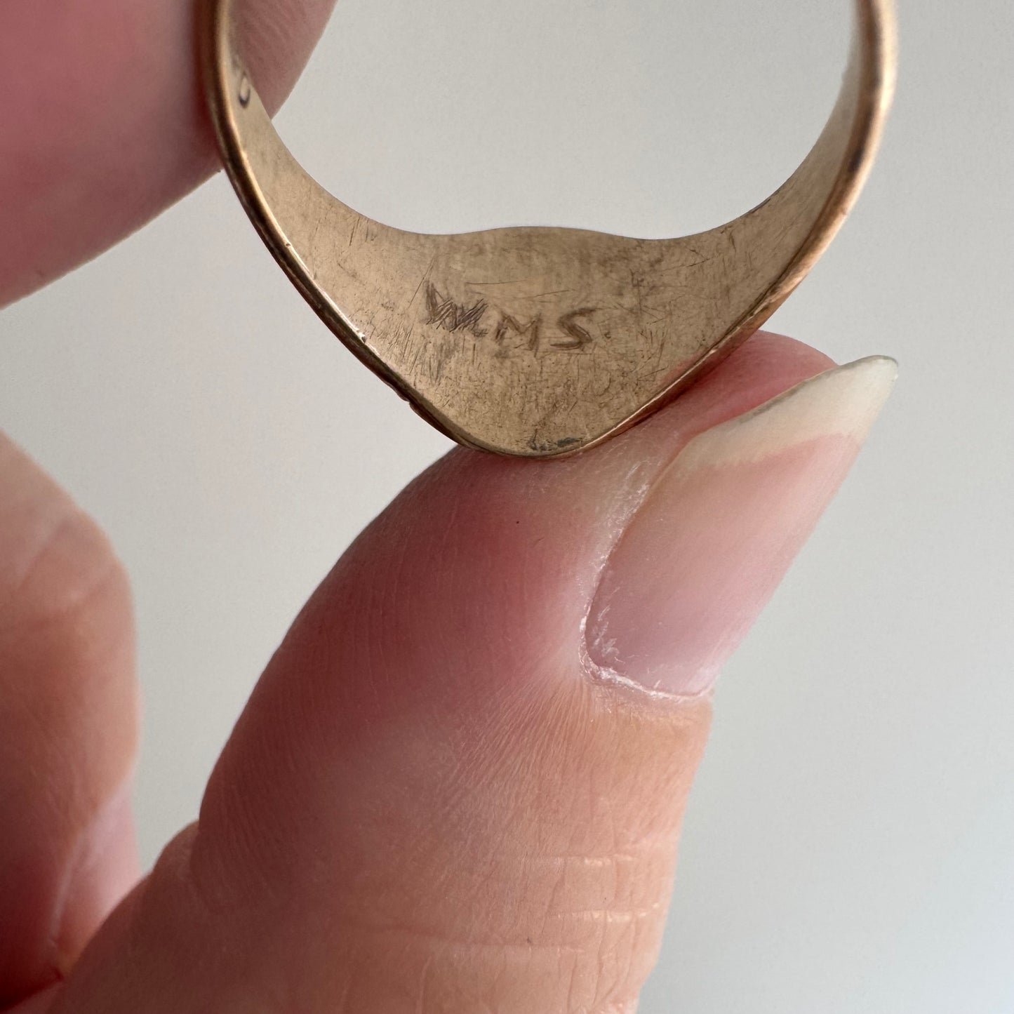 reimagined A N T I Q U E // intuitive guide / 10k rosy yellow signet with a newly engraved bat / size 5.75