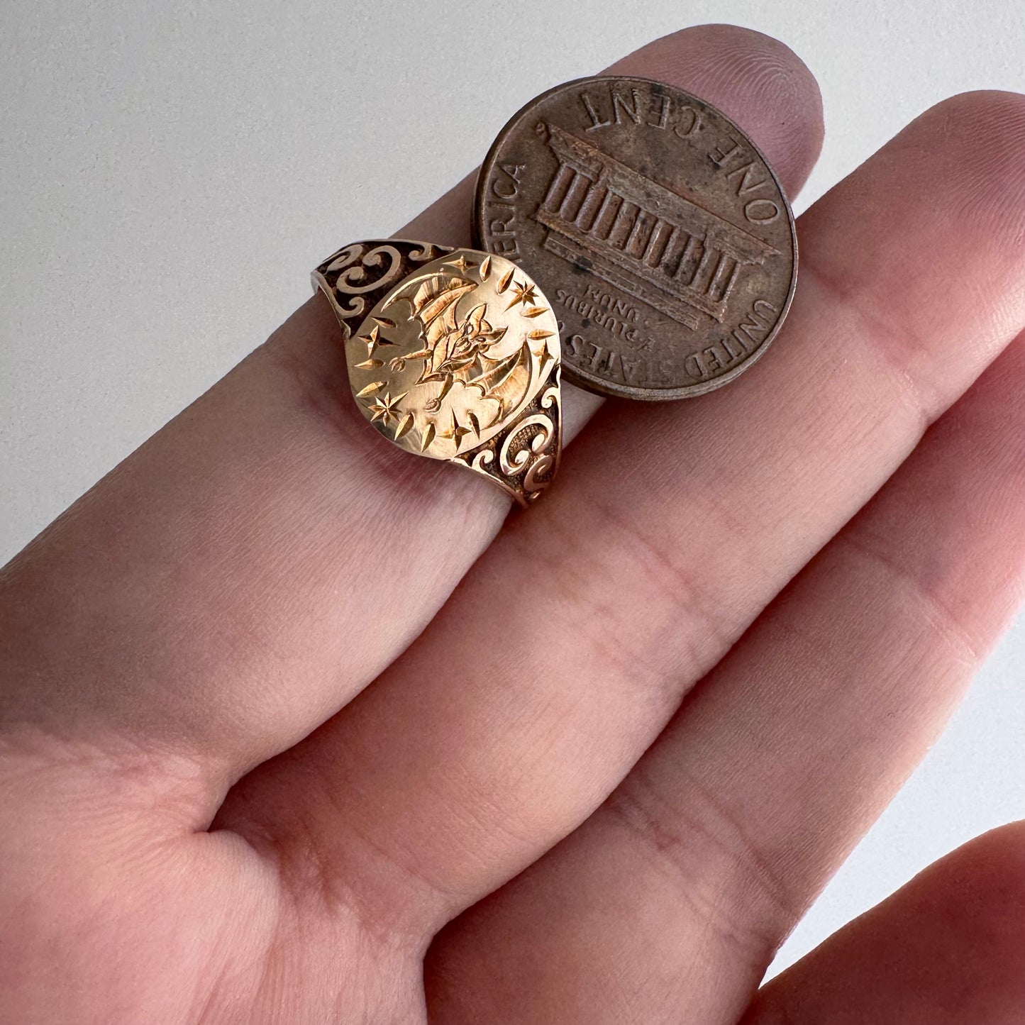 reimagined A N T I Q U E // intuitive guide / 10k rosy yellow signet with a newly engraved bat / size 5.75