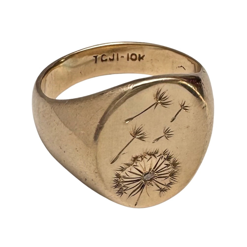 reimagined V I N T A G E // letting go / 10k gold signet with newly engraved dandelion and diamond / size 6.5