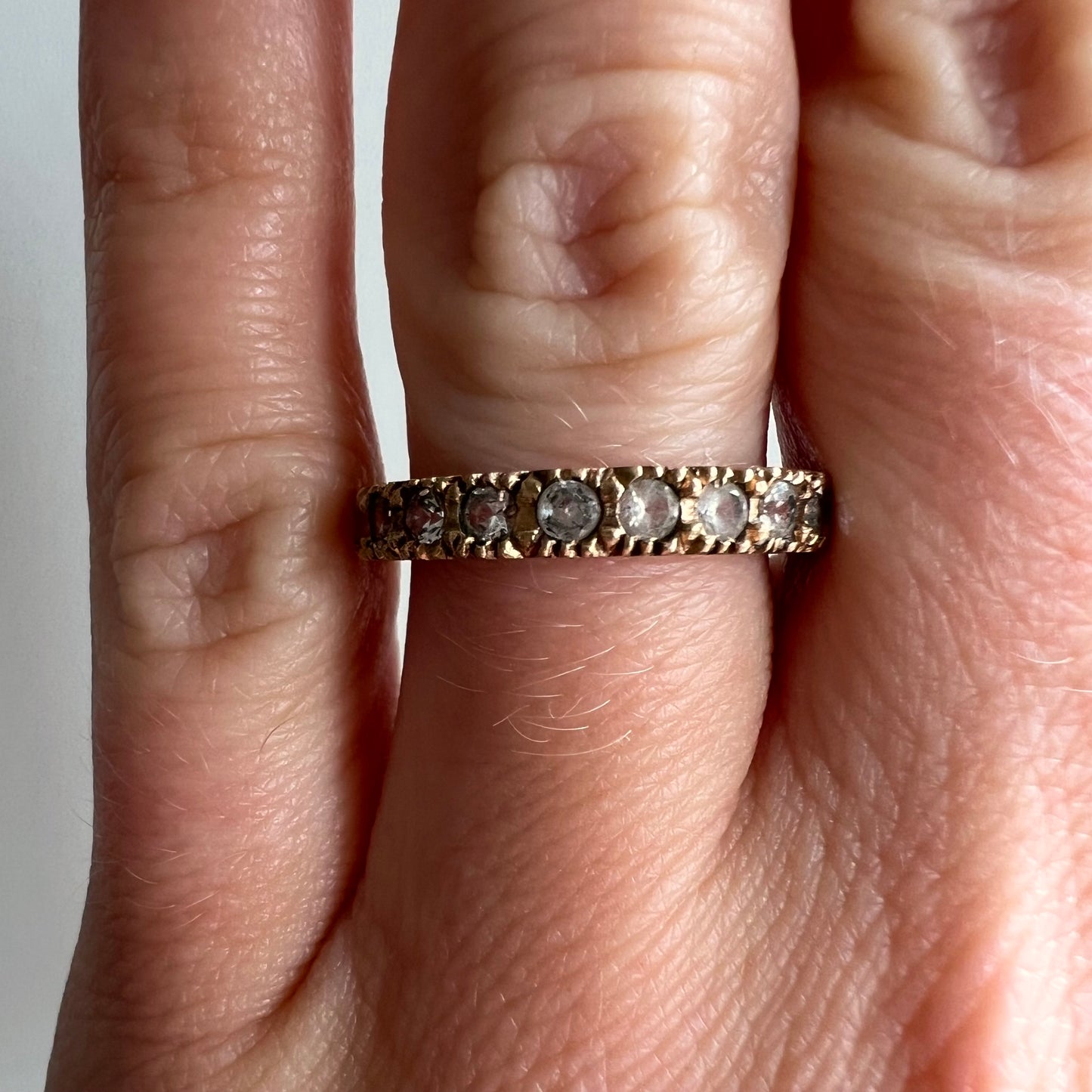 V I N T A G E // eternal clarity / rustic white quartz full eternity band / solid 9k 9ct yellow gold / size 5.75