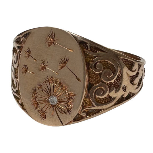 reimagined A N T I Q U E // letting go / 10k rosy gold signet with newly engraved dandelion and diamond / size 8