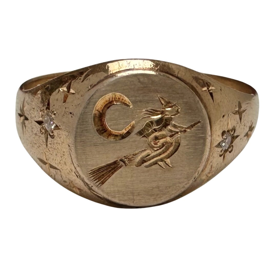 reimagined V I N T A G E // the best witch / 10k yellow gold and diamond witch signet ring / size 7 to 7.5