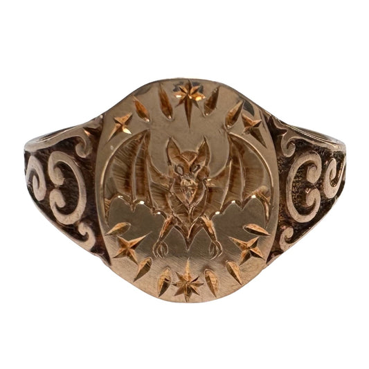 reimagined A N T I Q U E // intuitive guide / 10k rosy yellow signet with a newly engraved bat / size 5.75