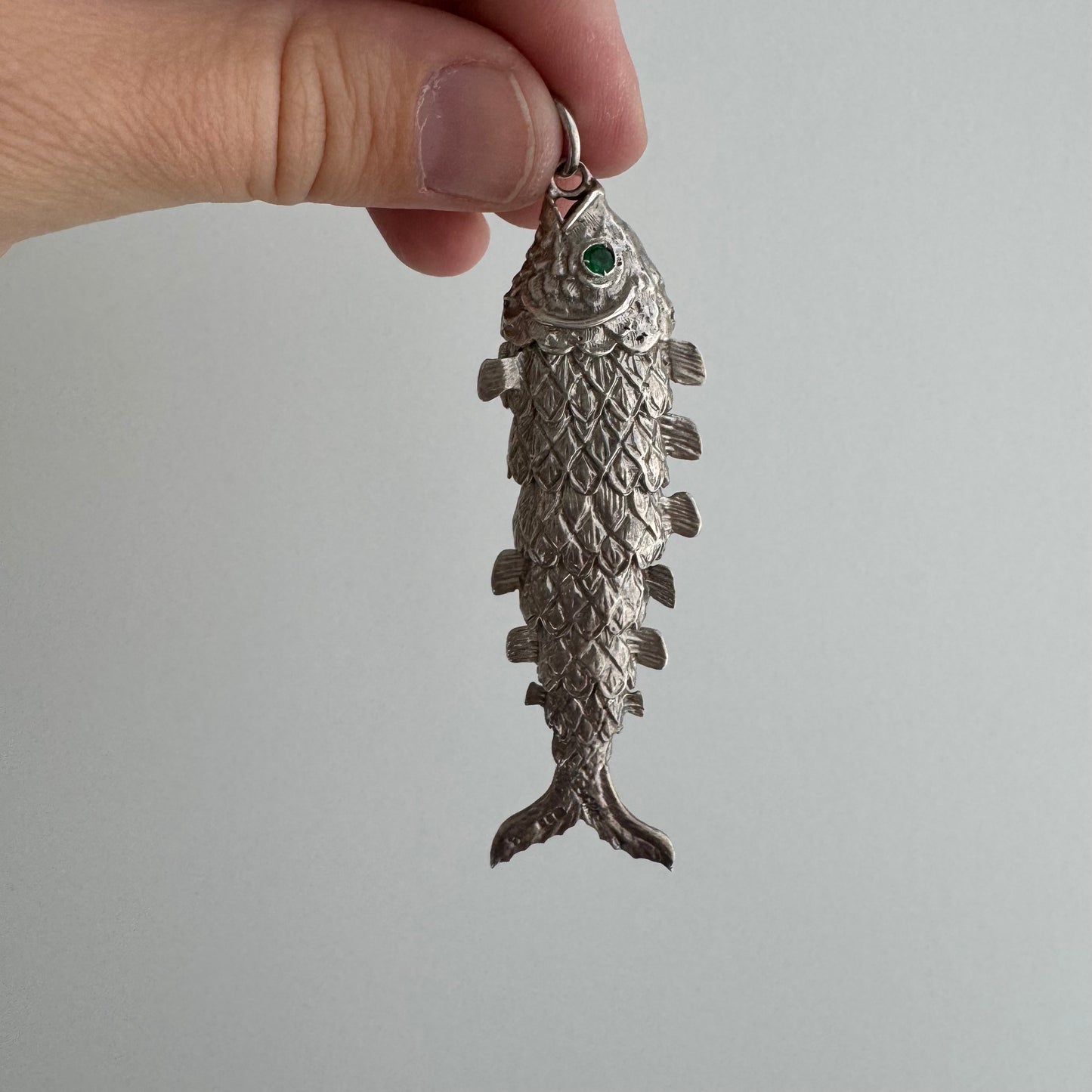 V I N T A G E // lucky catch / huge British sterling silver articulated wiggle fish with green eyes / a large pendant (Copy)