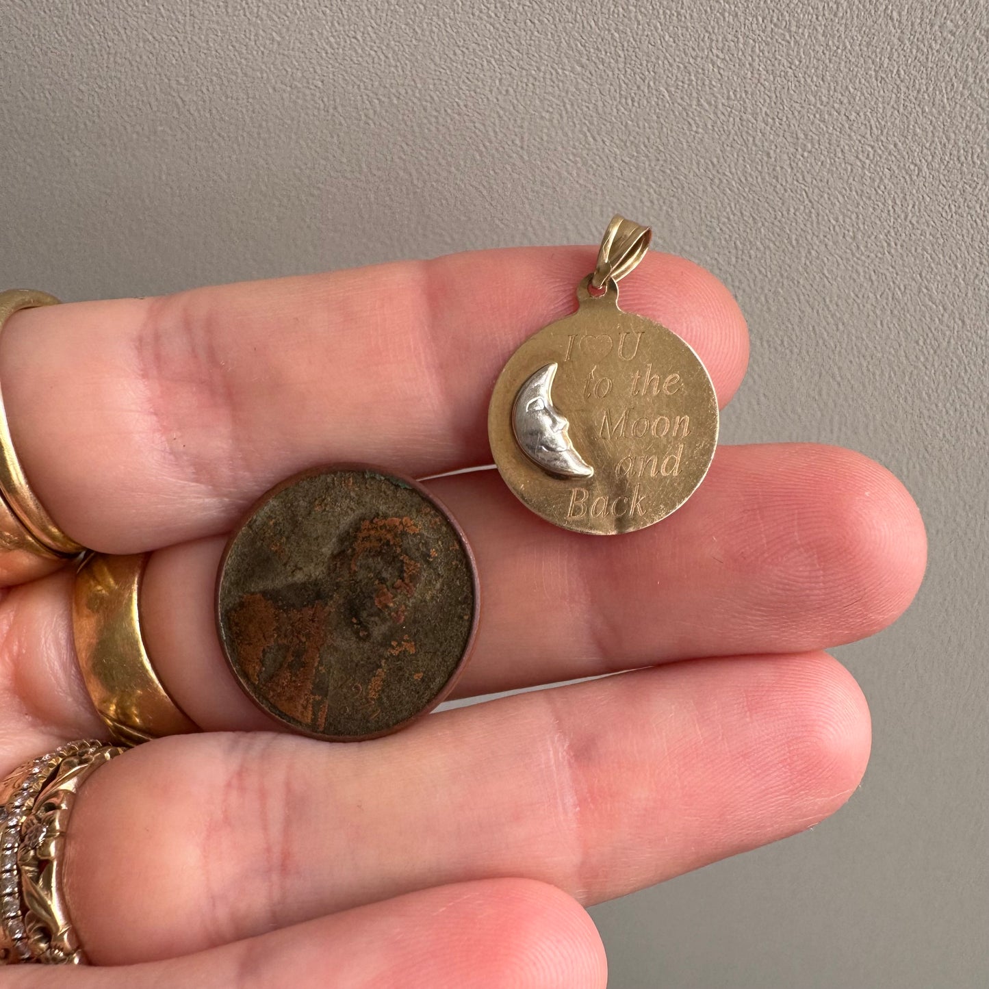 V I N T A G E // I <3 U to the Moon and Back / 10k yellow and white gold charm pendant