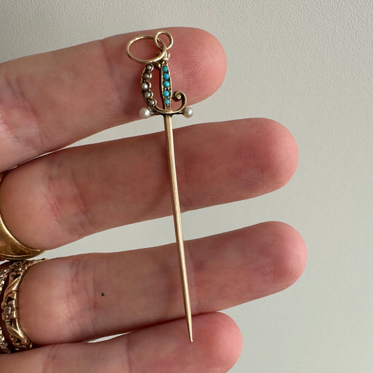 reimagined V I N T A G E // 14k turquoise and pearl sword pendant