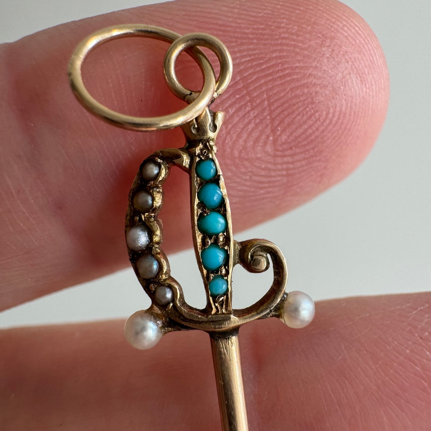 reimagined V I N T A G E // 14k turquoise and pearl sword pendant