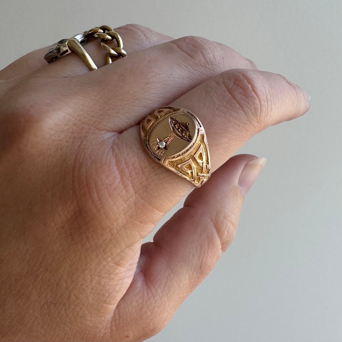 reimagined A N T I Q U E // they come in peace / edwardian era 10k rosy gold signet ring + new UFO and diamond / size 8.75