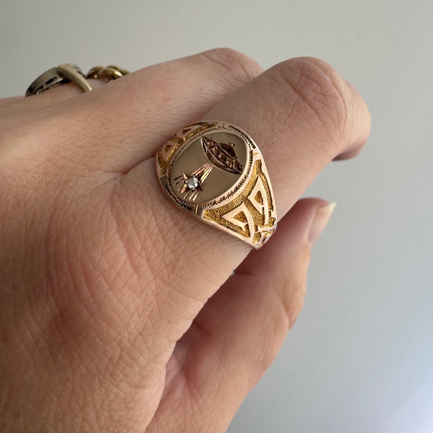 reimagined A N T I Q U E // they come in peace / edwardian era 10k rosy gold signet ring + new UFO and diamond / size 8.75
