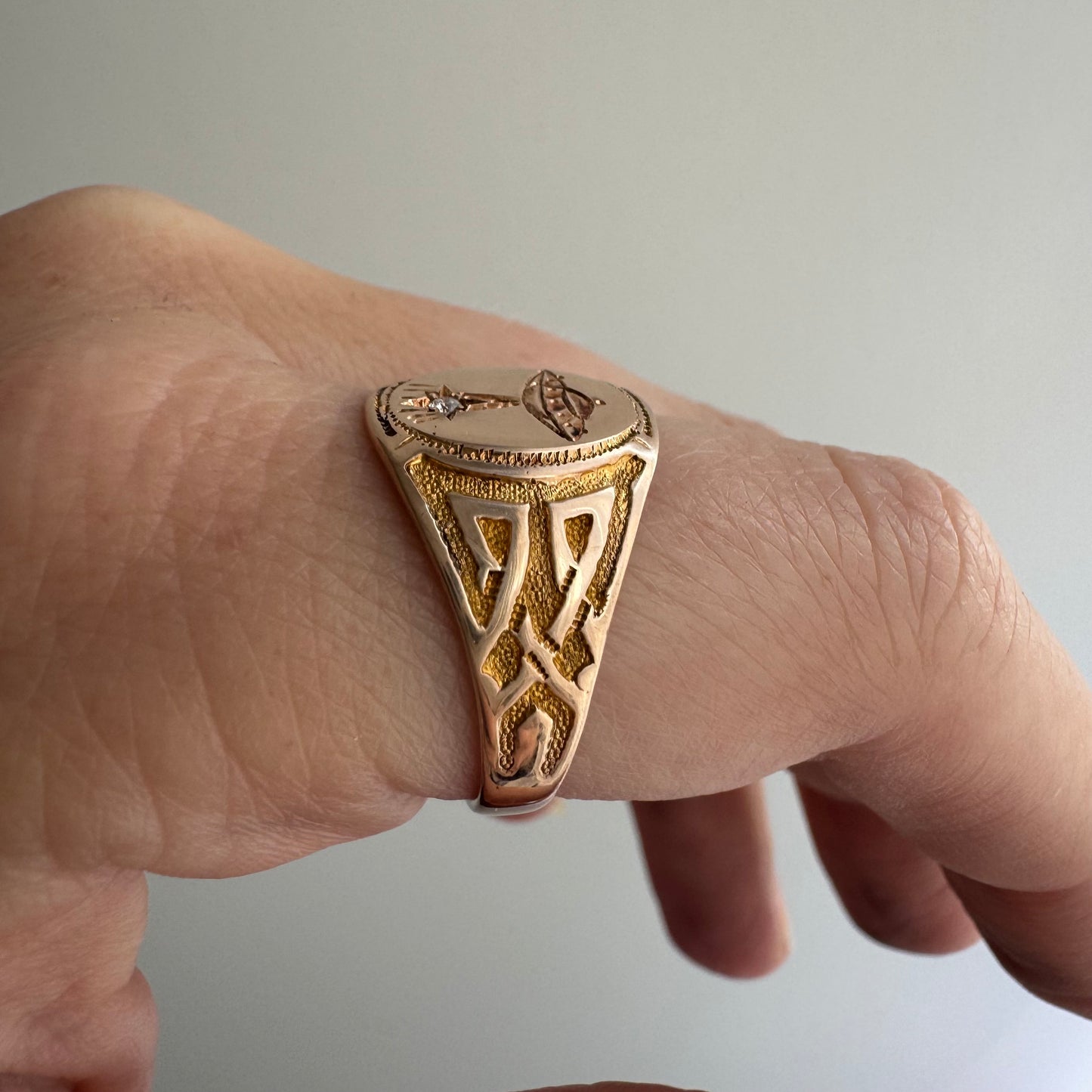 reimagined A N T I Q U E // they come in peace / edwardian era 10k rosy gold signet ring + new UFO and diamond / size 8.75