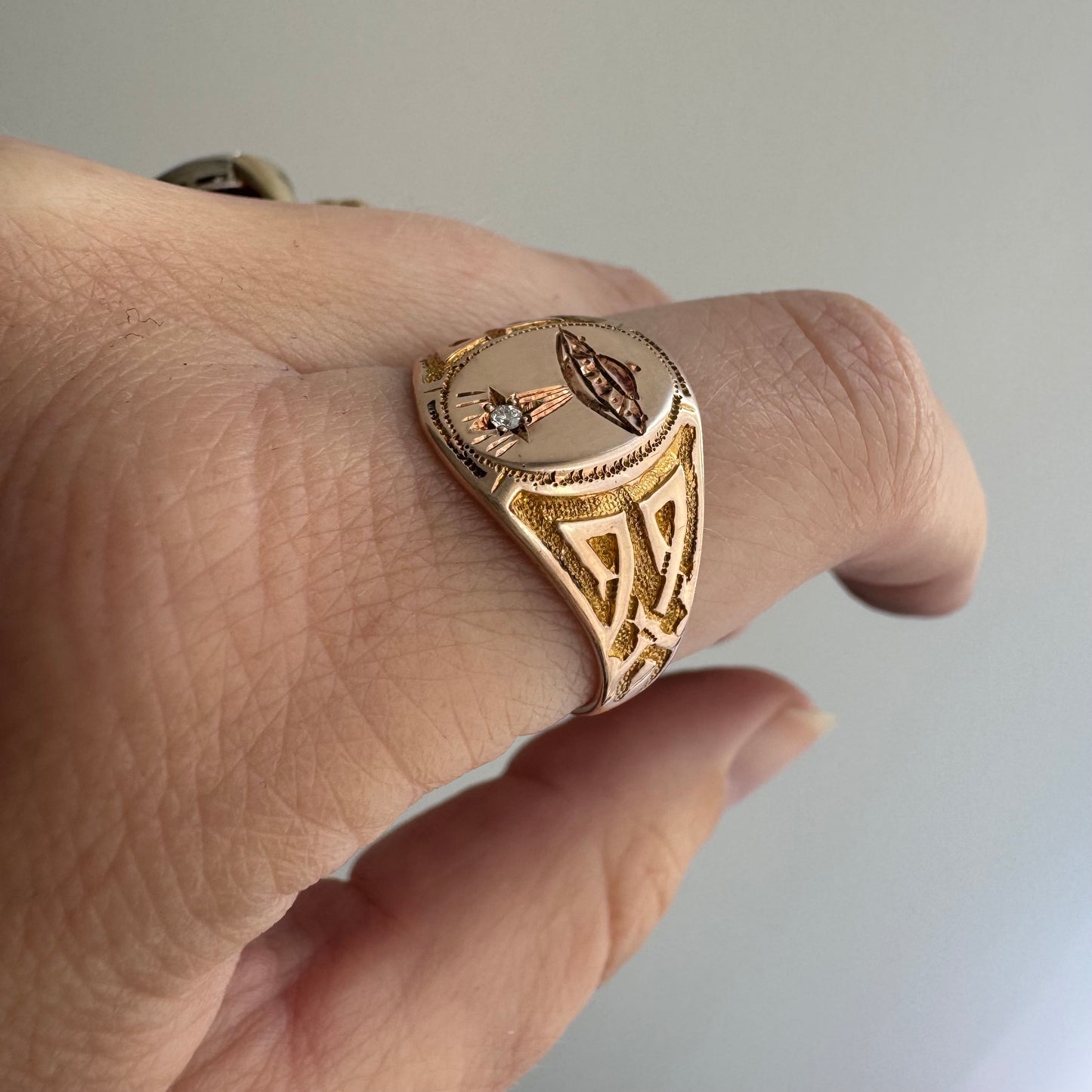 reimagined A N T I Q U E // they come in peace / edwardian era 10k rosy gold signet ring + new UFO and diamond / size 8.75