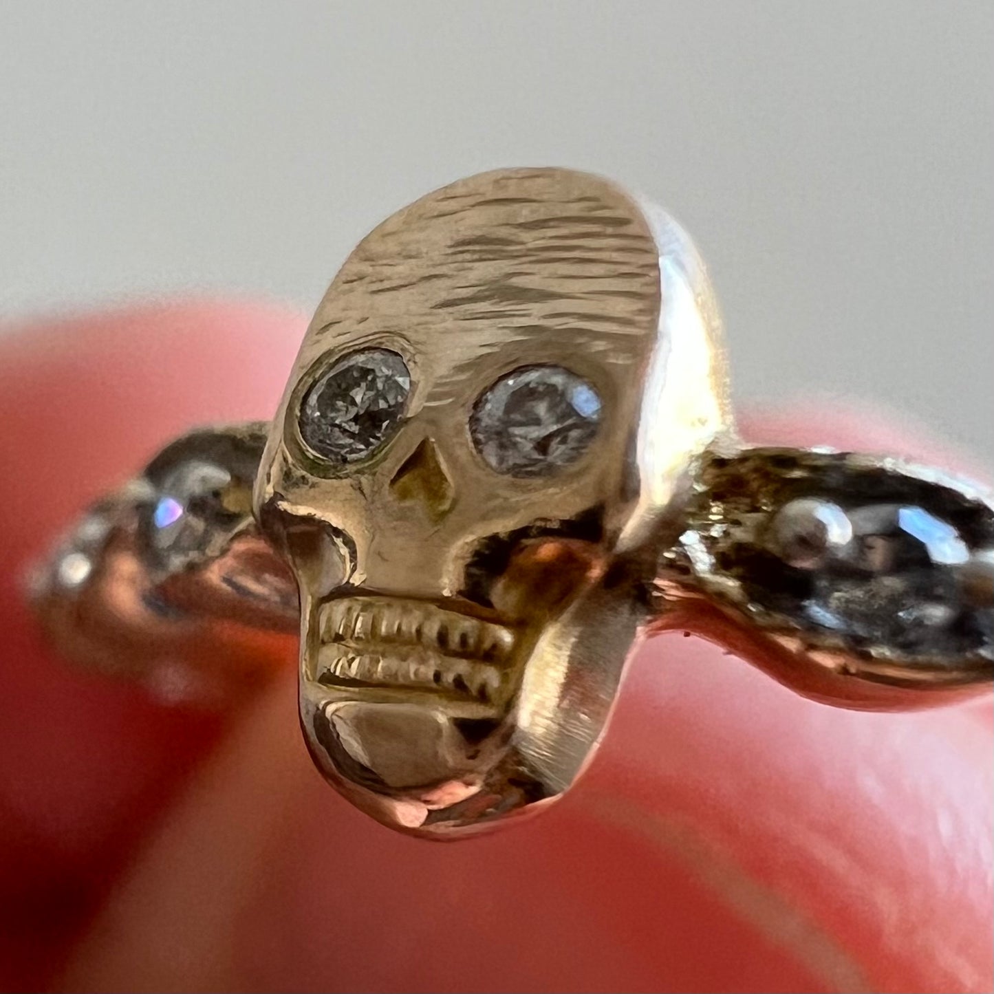 reimagined V I N T A G E // helix eye spooky / solid 10k yellow gold and diamond fraternal skull pin conversion ring / size 9