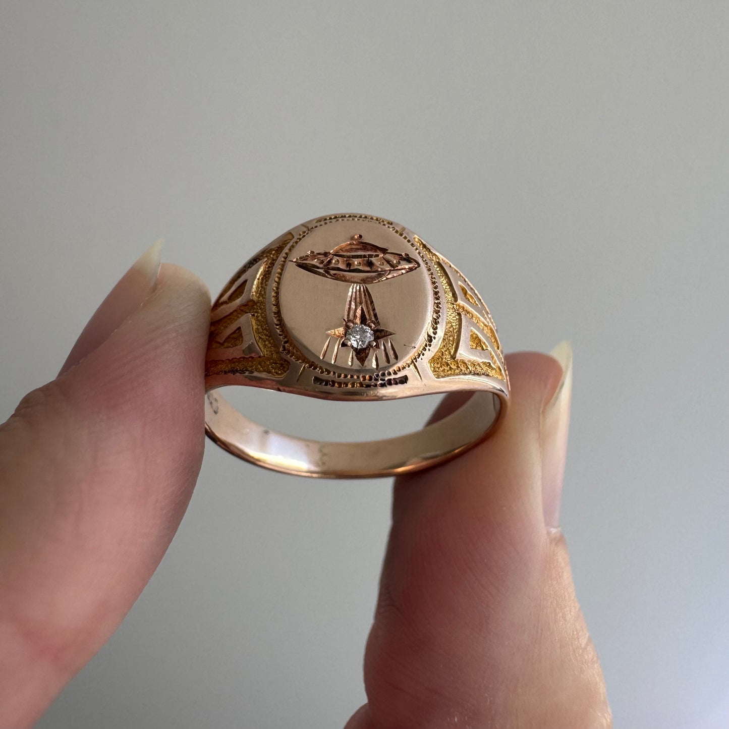 reimagined A N T I Q U E // they come in peace / edwardian era 10k rosy gold signet ring + new UFO and diamond / size 8.75