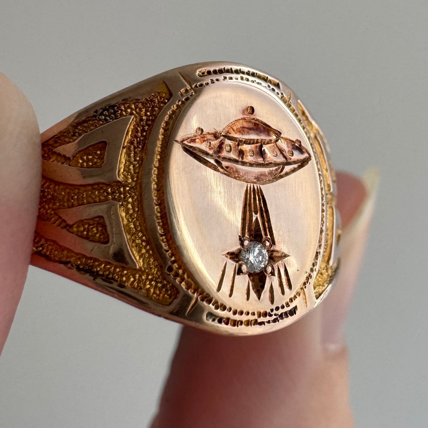 reimagined A N T I Q U E // they come in peace / edwardian era 10k rosy gold signet ring + new UFO and diamond / size 8.75