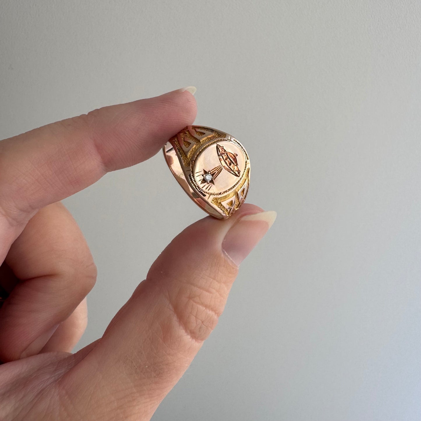 reimagined A N T I Q U E // they come in peace / edwardian era 10k rosy gold signet ring + new UFO and diamond / size 8.75