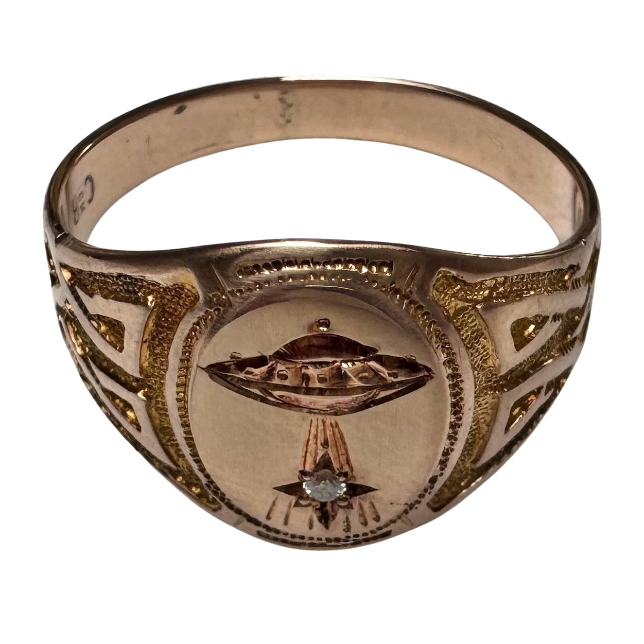 reimagined A N T I Q U E // they come in peace / edwardian era 10k rosy gold signet ring + new UFO and diamond / size 8.75