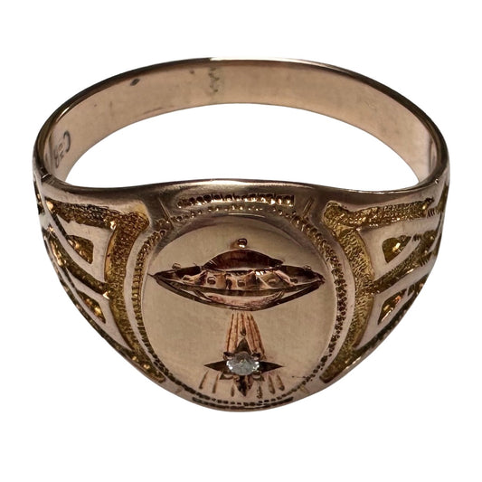 reimagined A N T I Q U E // they come in peace / edwardian era 10k rosy gold signet ring + new UFO and diamond / size 8.75