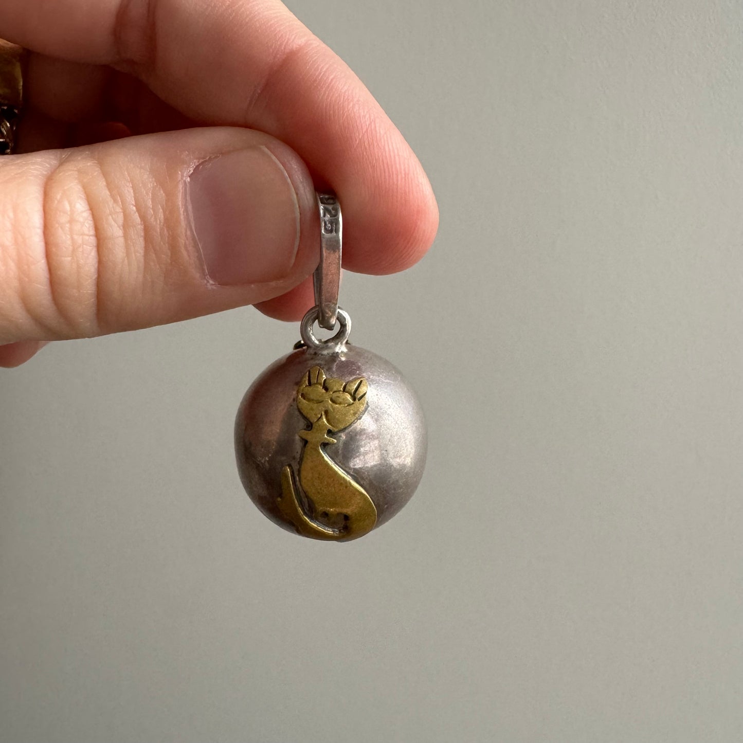 V I N T A G E // sterling silver and brass sassy cat chime charm orb pendant