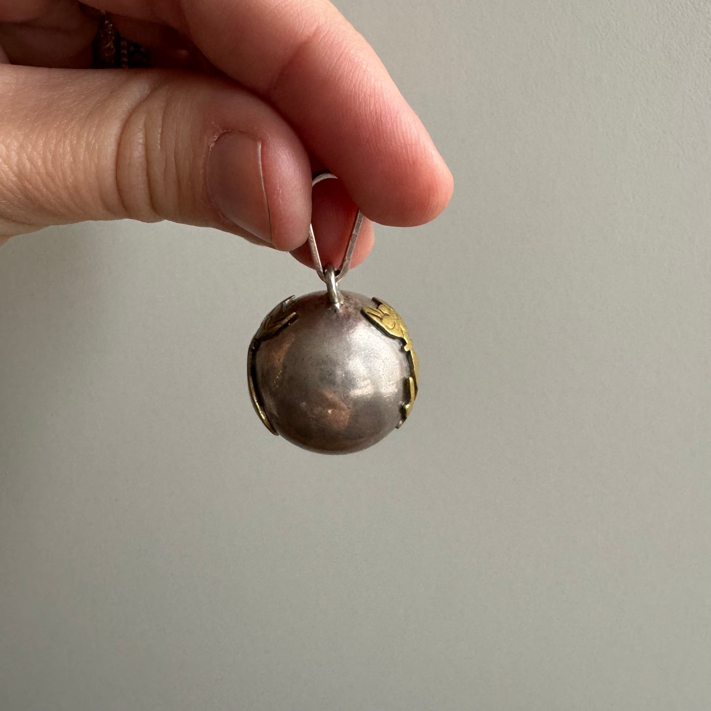 V I N T A G E // sterling silver and brass sassy cat chime charm orb pendant