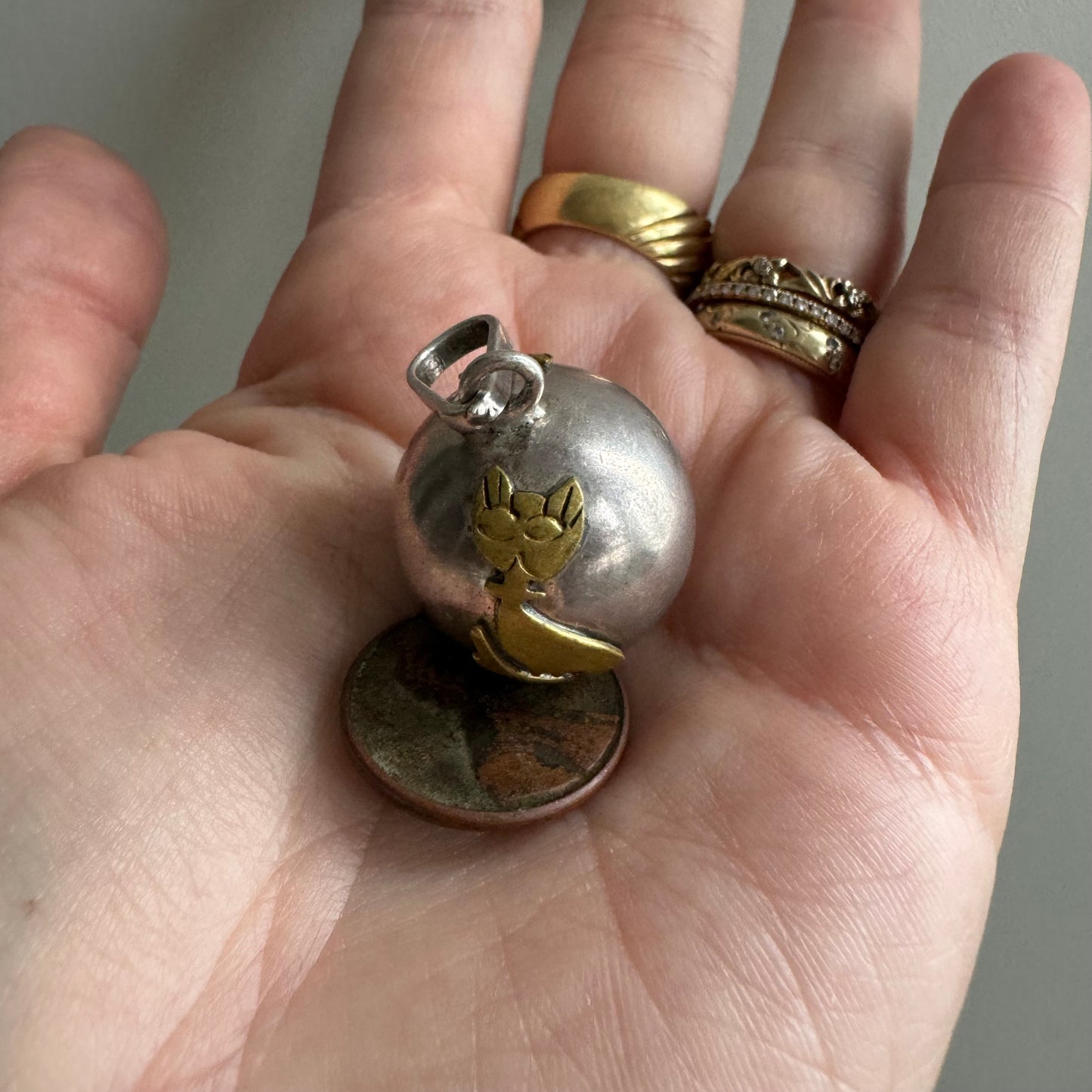 V I N T A G E // sterling silver and brass sassy cat chime charm orb pendant