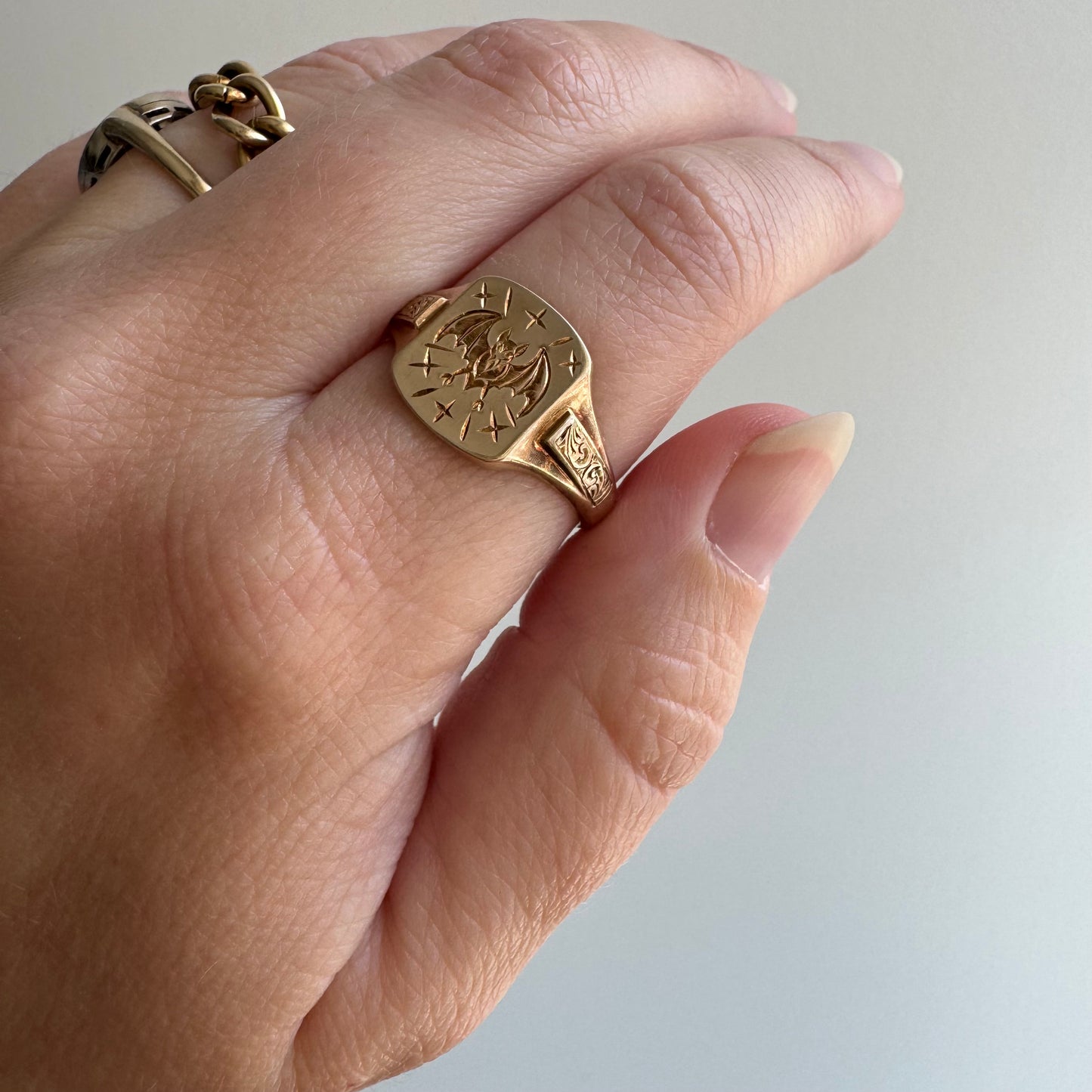 reimagined V I N T A G E // intuitive guide / 9k rosy yellow signet with a newly engraved bat / size 9.5