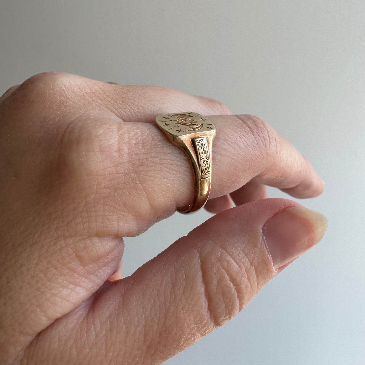 reimagined V I N T A G E // intuitive guide / 9k rosy yellow signet with a newly engraved bat / size 9.5