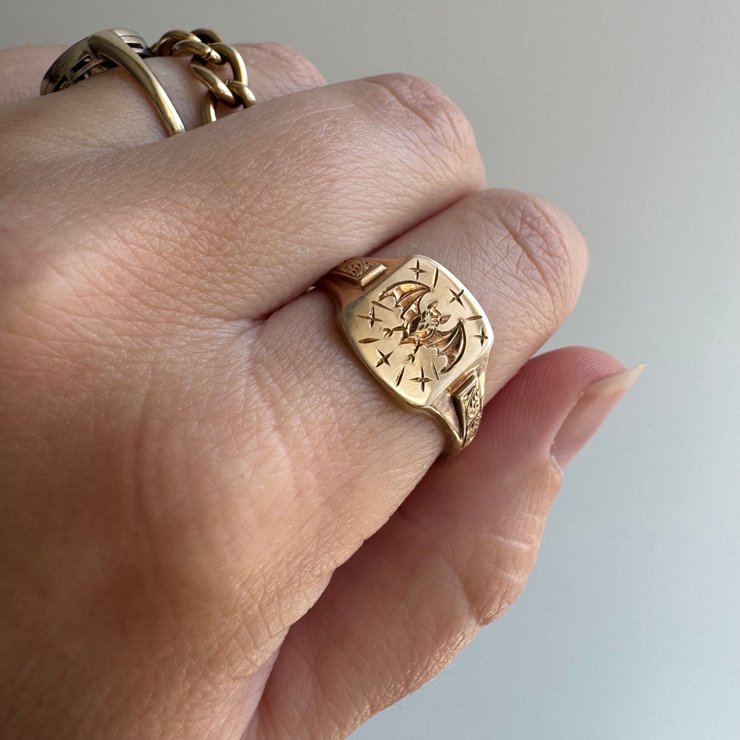 reimagined V I N T A G E // intuitive guide / 9k rosy yellow signet with a newly engraved bat / size 9.5