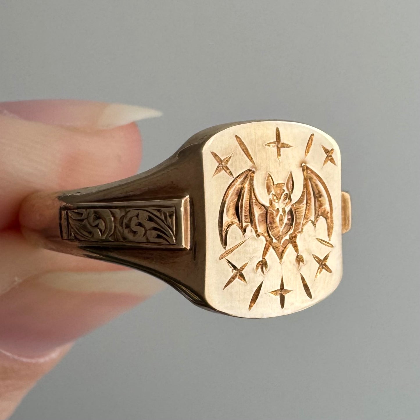 reimagined V I N T A G E // intuitive guide / 9k rosy yellow signet with a newly engraved bat / size 9.5