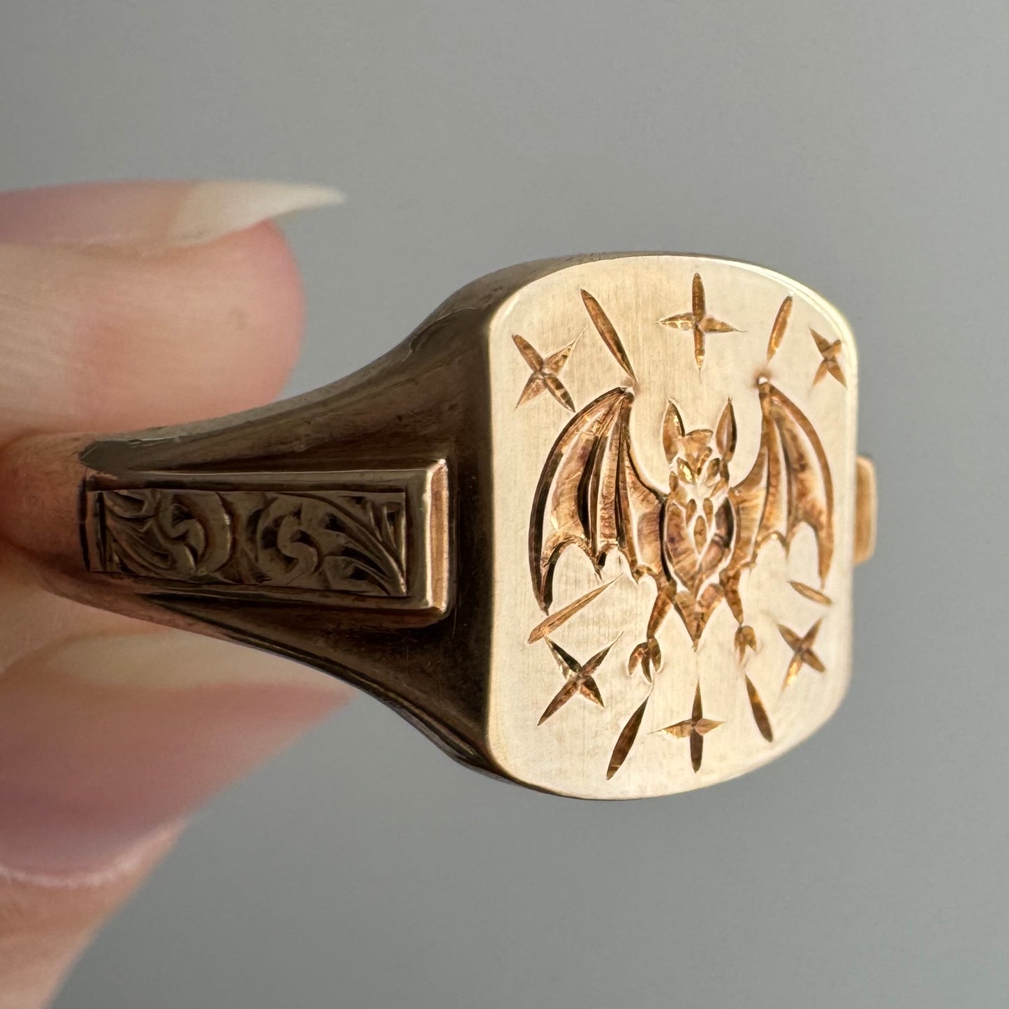 reimagined V I N T A G E // intuitive guide / 9k rosy yellow signet with a newly engraved bat / size 9.5