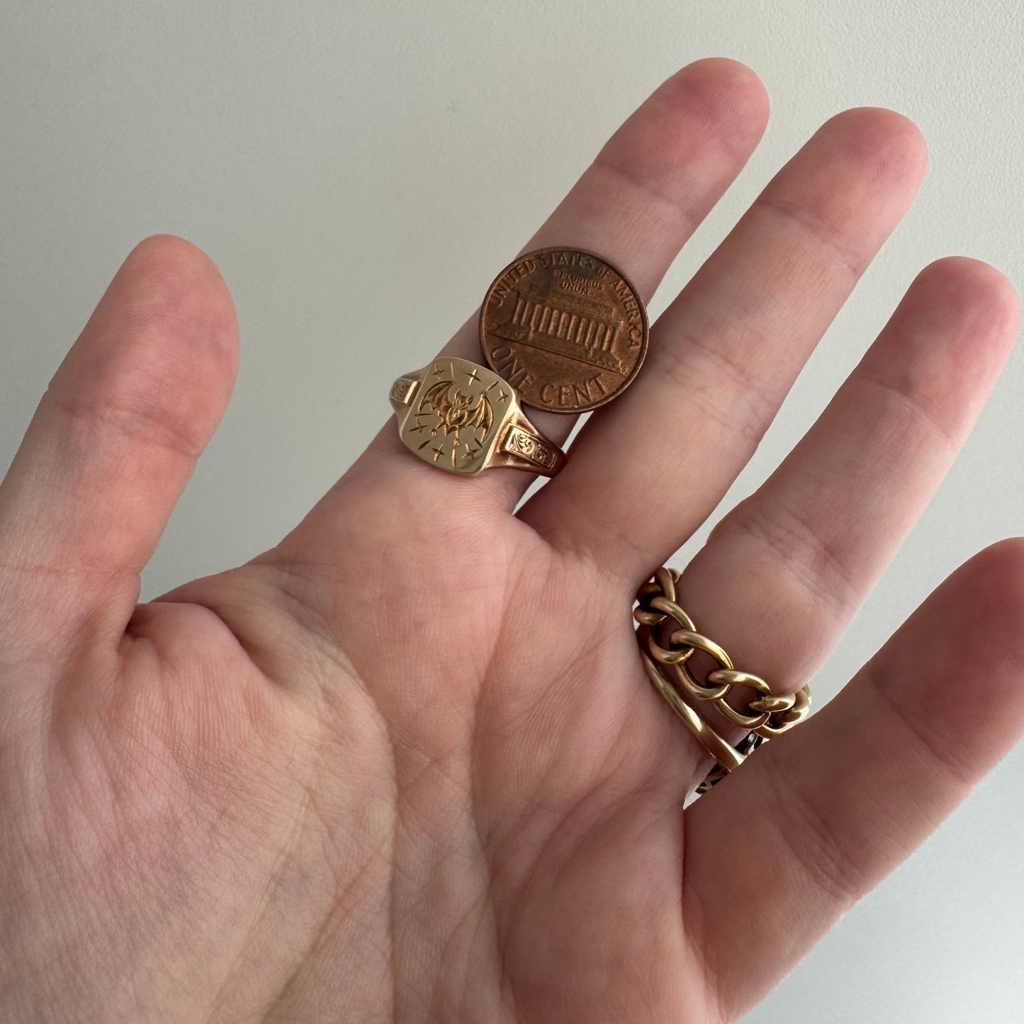 reimagined V I N T A G E // intuitive guide / 9k rosy yellow signet with a newly engraved bat / size 9.5