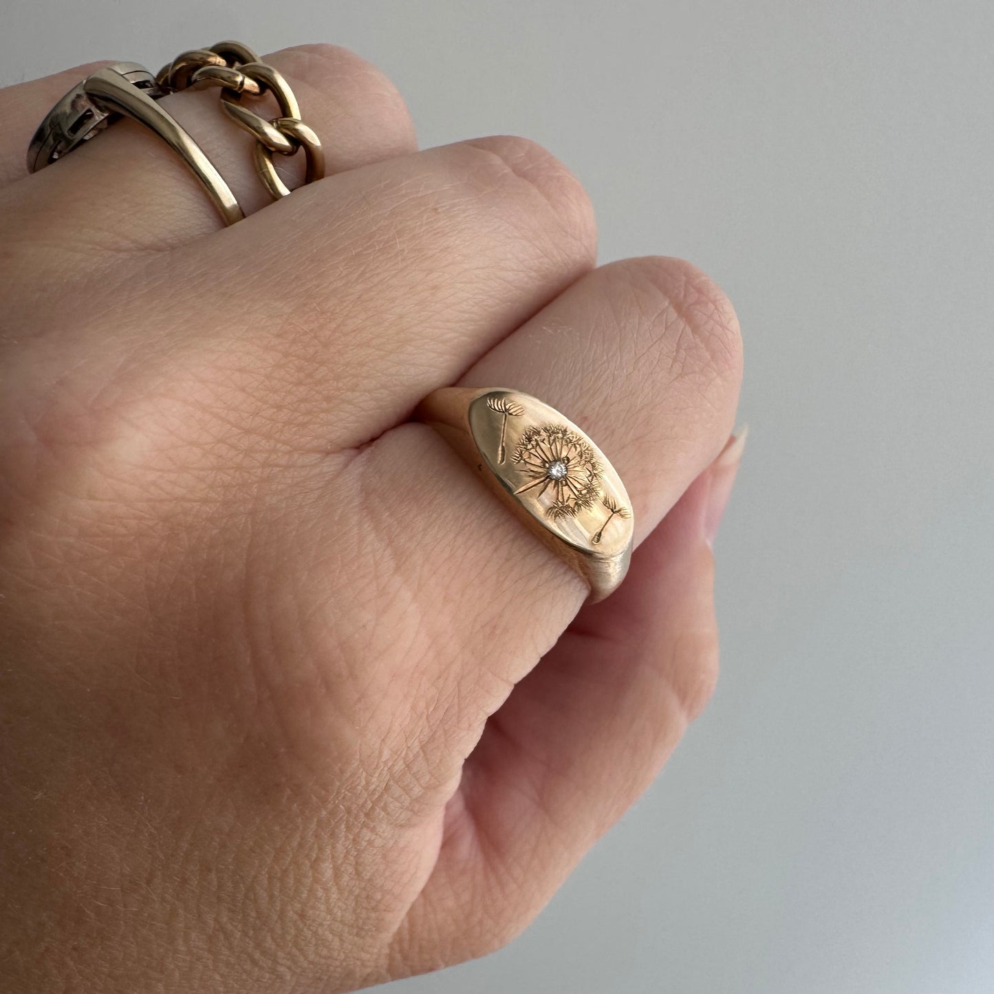 reimagined V I N T A G E // letting go / 10k gold signet with newly engraved dandelion and diamond / size 7.75+