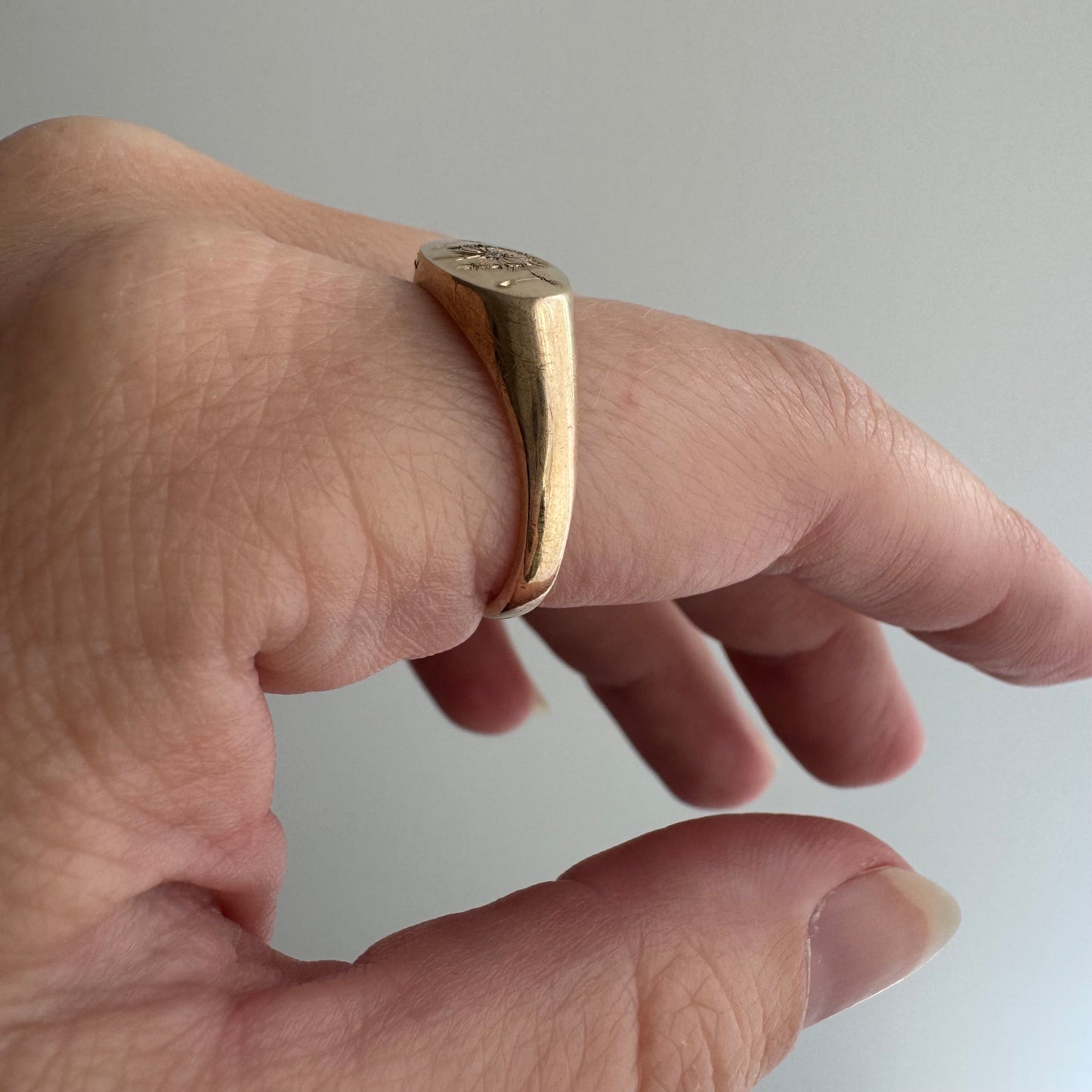 reimagined V I N T A G E // letting go / 10k gold signet with newly engraved dandelion and diamond / size 7.75+