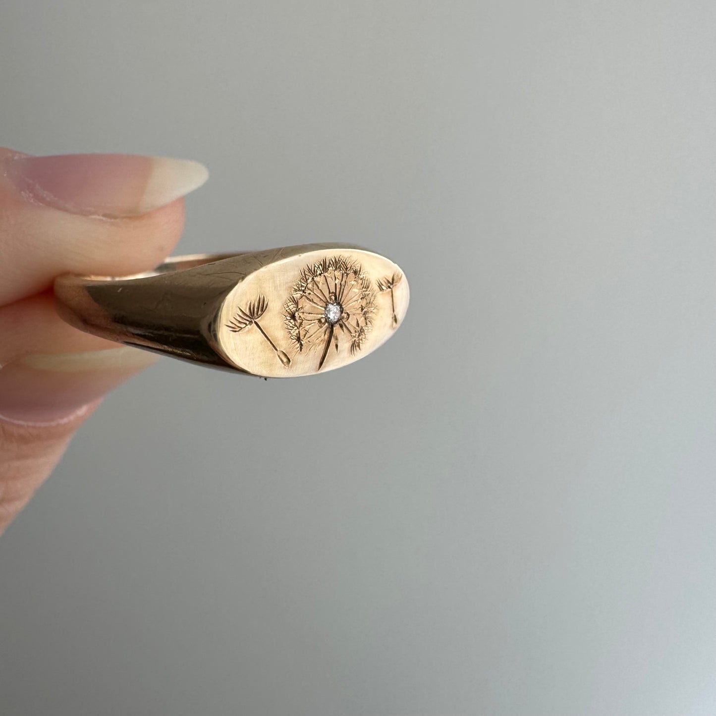 reimagined V I N T A G E // letting go / 10k gold signet with newly engraved dandelion and diamond / size 7.75+