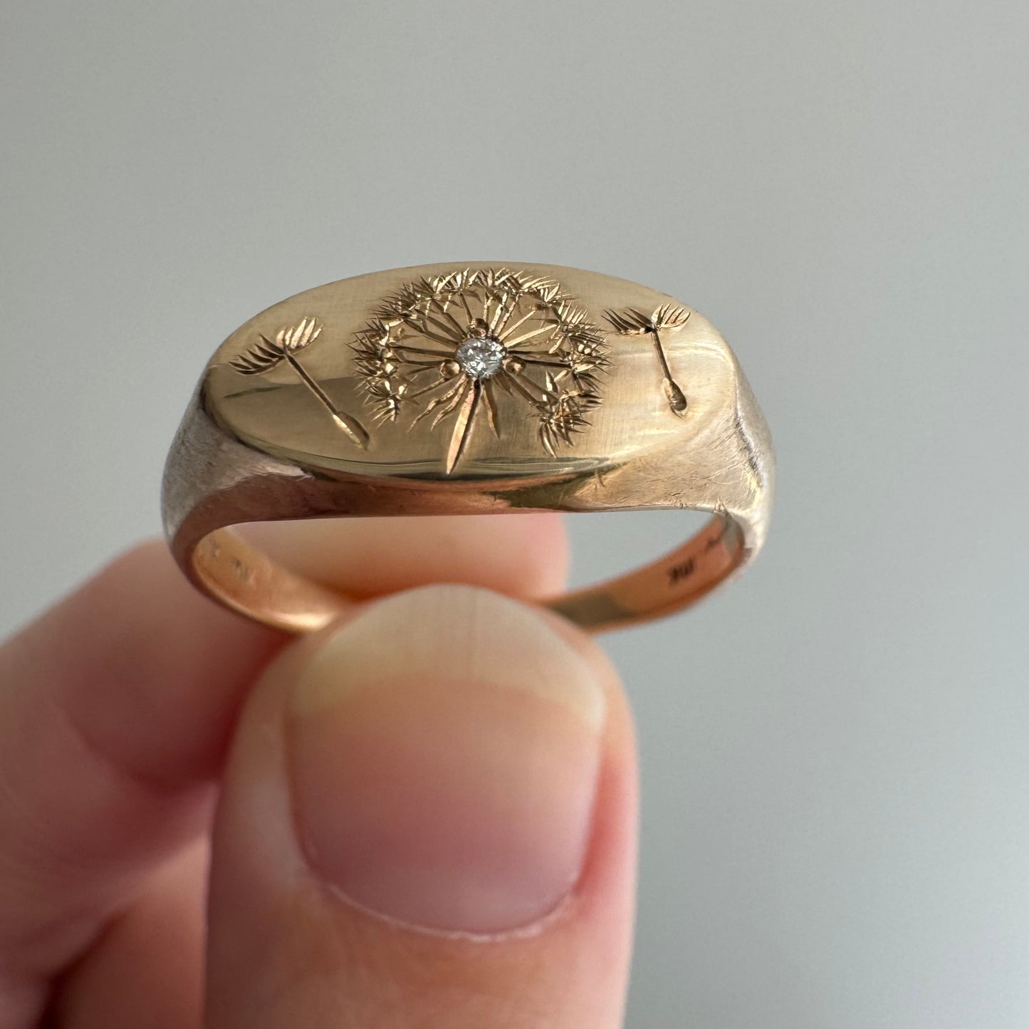 reimagined V I N T A G E // letting go / 10k gold signet with newly engraved dandelion and diamond / size 7.75+