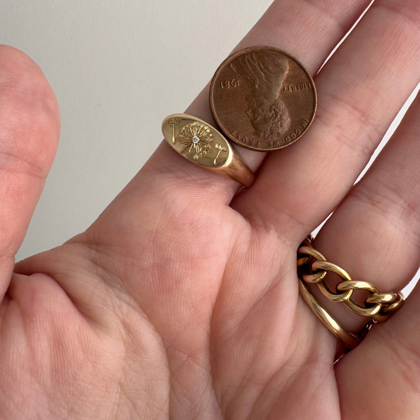 reimagined V I N T A G E // letting go / 10k gold signet with newly engraved dandelion and diamond / size 7.75+