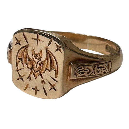 reimagined V I N T A G E // intuitive guide / 9k rosy yellow signet with a newly engraved bat / size 9.5