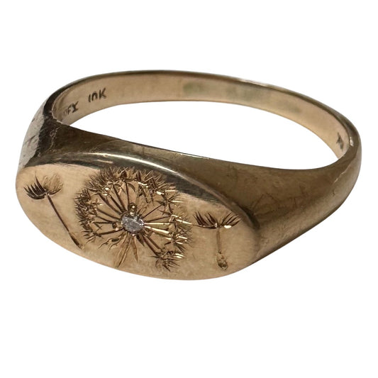 reimagined V I N T A G E // letting go / 10k gold signet with newly engraved dandelion and diamond / size 7.75+
