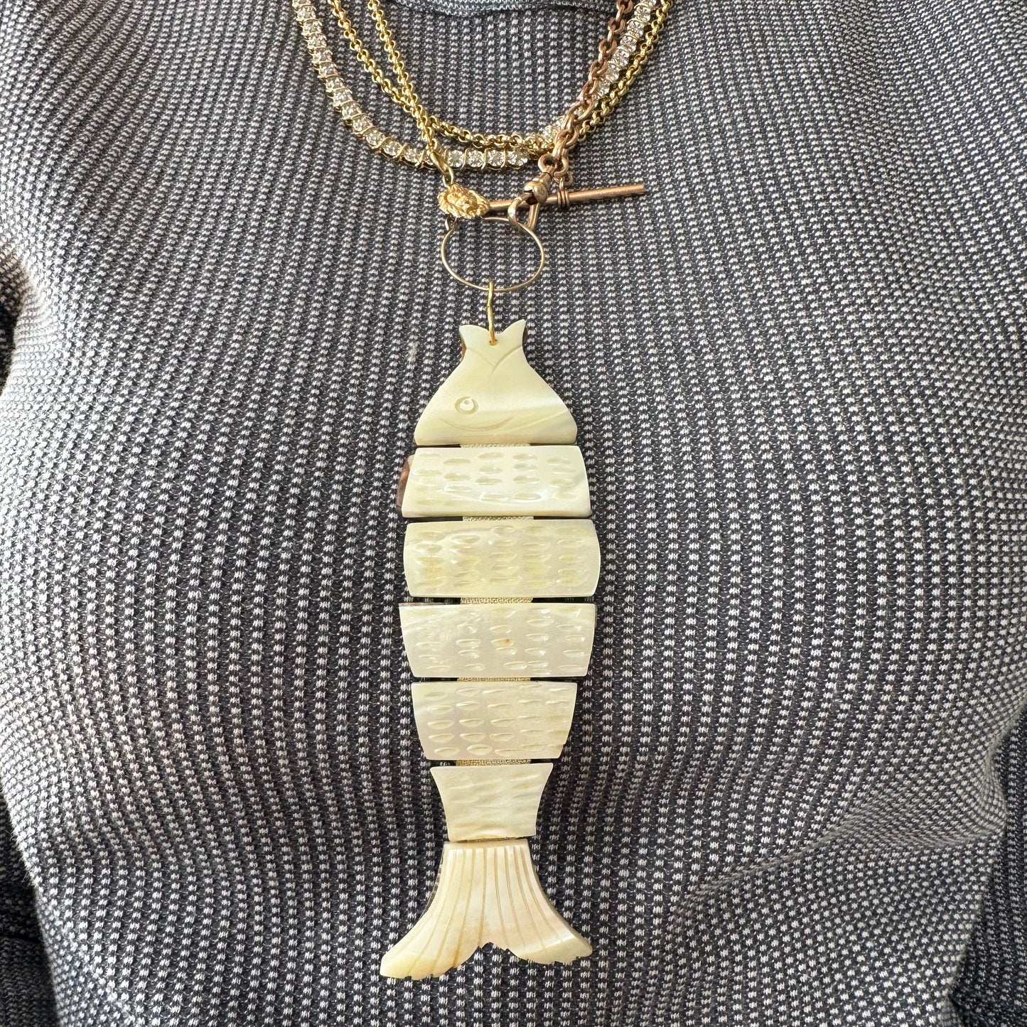 V I N T A G E // lucky catch / mid century articulated mother of pearl fish with 14k bail / a giant pendant