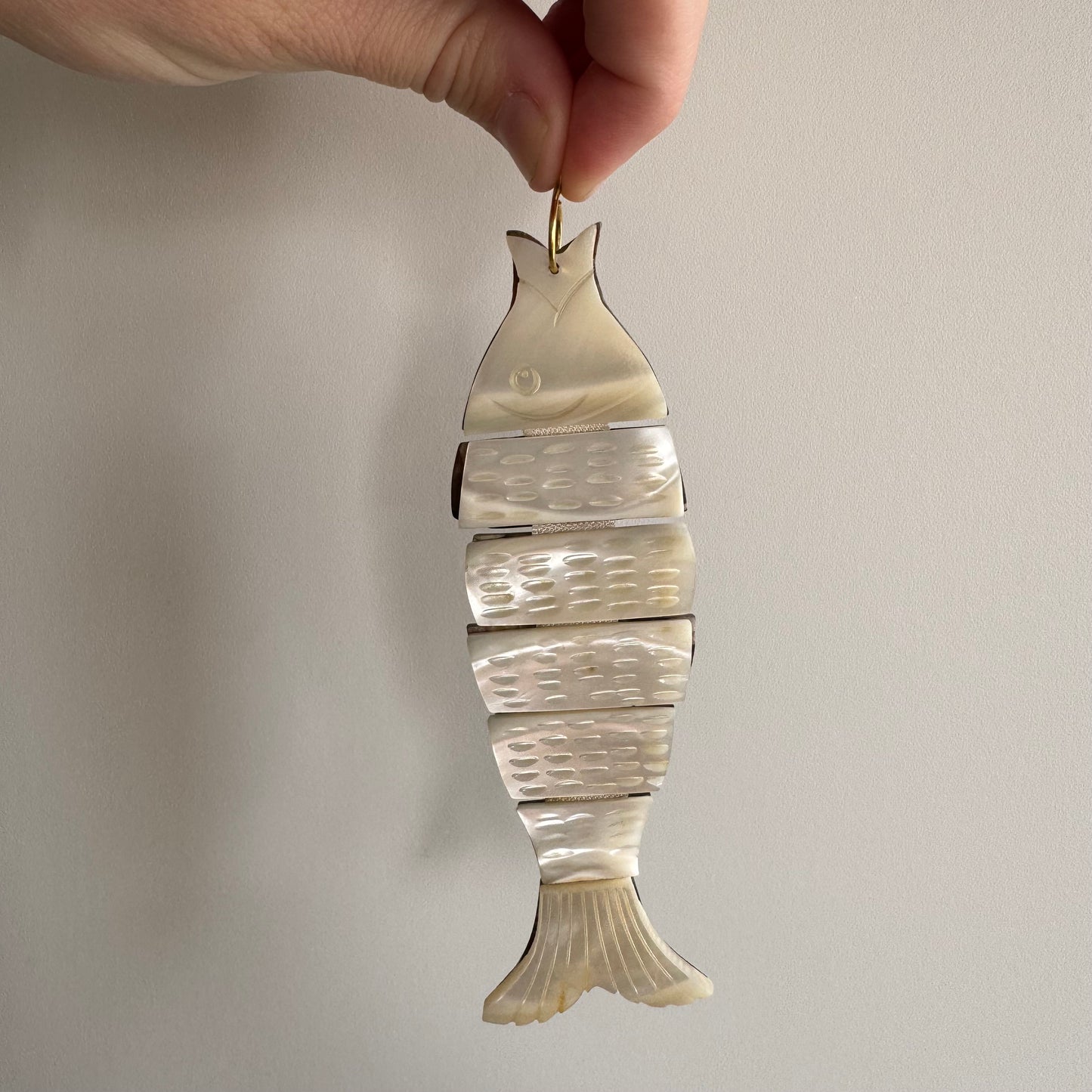 V I N T A G E // lucky catch / mid century articulated mother of pearl fish with 14k bail / a giant pendant